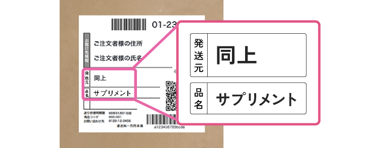 発送元：同上。品名：サプリメント